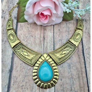 NWOT Gold Tone & Faux Turquoise Teardrop Bib Collar Necklace Southwestern 22"